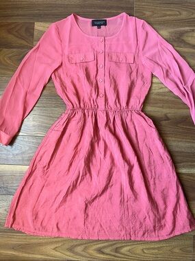 Nadine Coral Long Sleeve Button-Front Dress with Pockets Formal Midi Casual